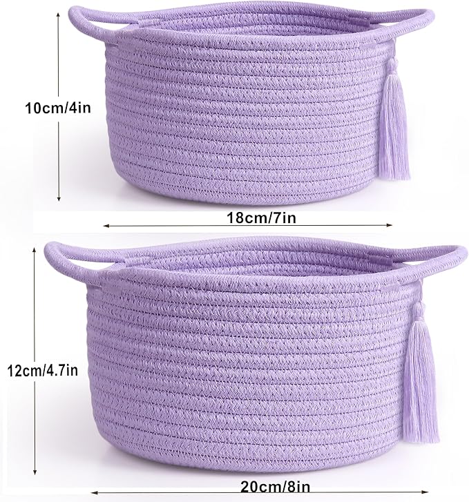 Small Purple Gift Basket Empty to Fill - SweetMemo Cute Woven Rope Organizer Baskets for Baby Shower, Vanity, Makeup, Bathroom, Decoration, Girls Room - Mini Cotton Storage Bins - 2 Pack