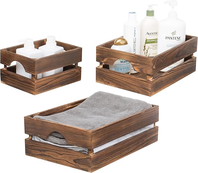 MyGift Rustic Dark Brown Solid Wood Storage Organizer Box with Handle, 3 Piece Various Size Decorative Nesting Crate