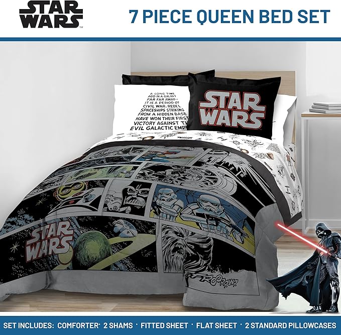 Jay Franco Star Wars Comic Book Queen Size Comforter Set - 7 Piece Bedding Includes Sheet Set & Pillow Covers - Super Soft Cozy Kids Bedding