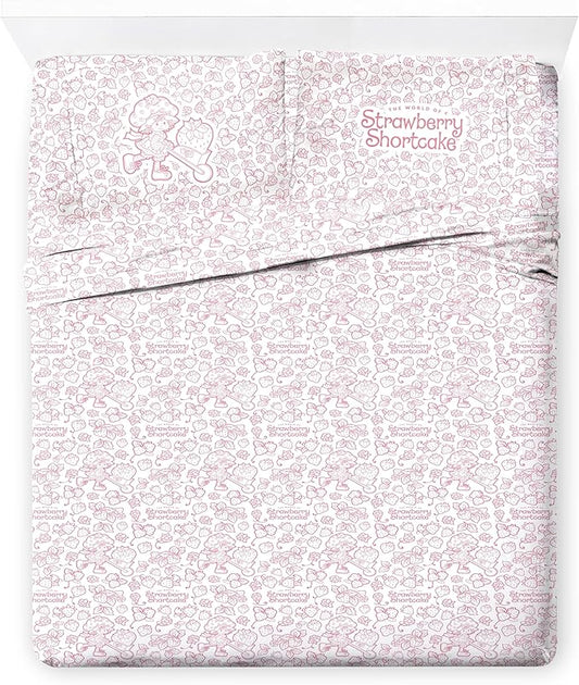 Jay Franco Kids Sheet Set with Fitted, Flat Sheets & Pillow Cover - Ultra-Soft Bedding with Pillowcase for Room Decor, Pink - Strawberry Shortcake, 4 Piece Full