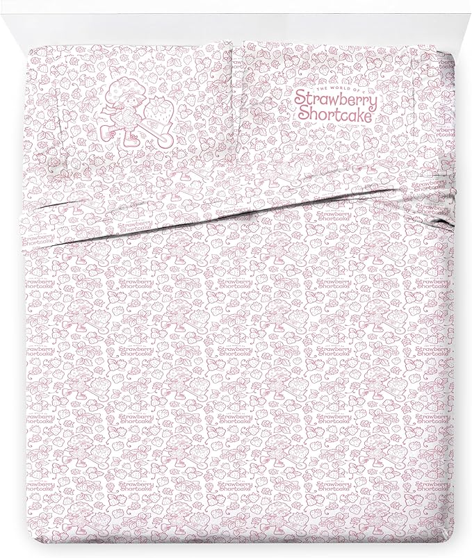 Jay Franco Kids Sheet Set with Fitted, Flat Sheets & Pillow Cover - Ultra-Soft Bedding with Pillowcase for Room Decor, Pink - Strawberry Shortcake, 4 Piece Queen