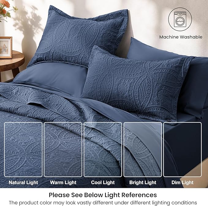 Love's cabin Queen Quilt Set Navy, Bed in a Bag Queen Size Bedding 7 Pieces, Ultrasonic Embossed Coin Pattern Comforter, Lightweight Bedspreads for All Seasons Quilt with Sheets, Pillowcases & Shams