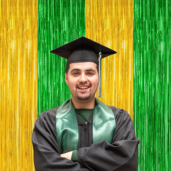 2 Pack Graduation Backdrop, Large Grad Decor 2026, Green Gold Graduation Photo Backdrop Fringe Curtains Party Streamer, Metallic Green and Gold Grad Decorations Class of 2026
