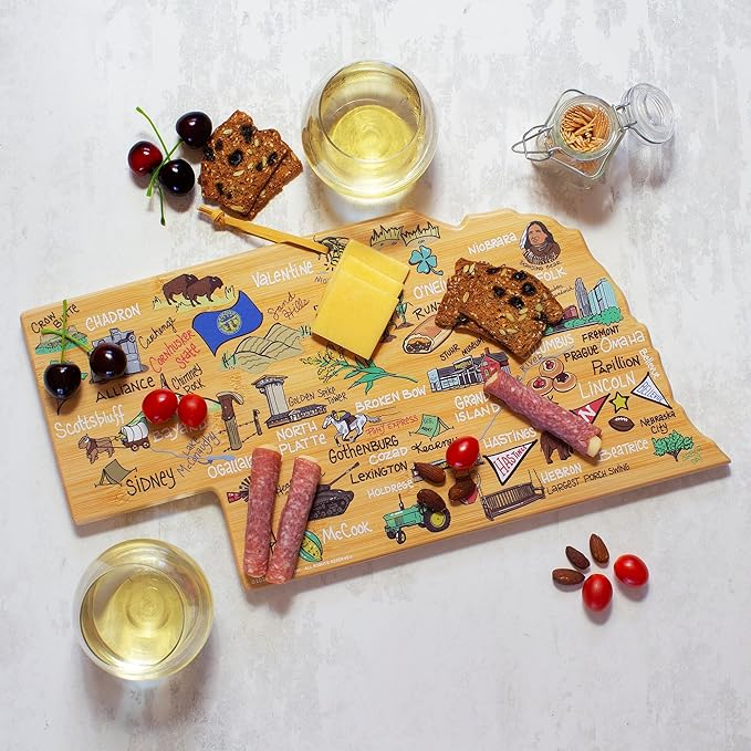 Totally Bamboo Nebraska State Shaped Cutting Board and Charcuterie Serving Platter with Artwork by Fish Kiss, Includes Hang Tie for Wall Display