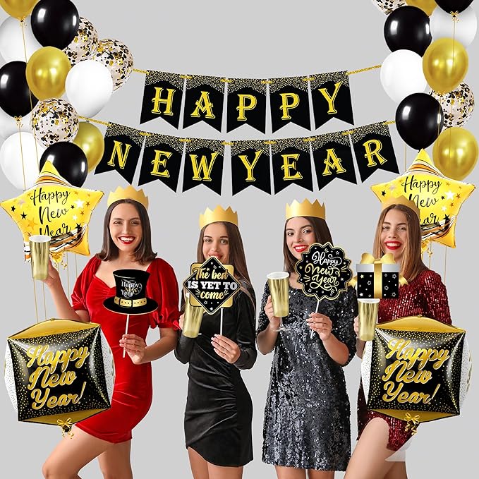 KatchOn, New Years Eve Party Supplies 2026 - Huge, Set of 76 | Black and Gold Happy New Year Banner, 2026 Balloon Numbers | New Year Foil Balloons, New Years Photo Booth Props | NYE Decorations 2026