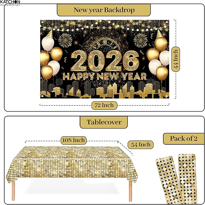 KatchOn, Huge New Years Eve Party Supplies 2026 - Pack of 231 | Wall Banner, Plates, Napkins, Tablecloth, Hats, Table Cover & Balloons For Happy New Year Decorations | New Years Eve Decorations 2026