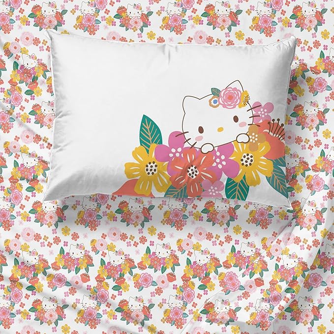 Jay Franco Sheet Set with Fitted, Flat Sheets & Pillow Cover - Ultra-Soft Bedding with Pillowcase for Room Decor, Multi - Hello Kitty, 4 Piece Queen