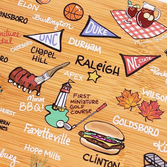 Totally Bamboo North Carolina State Shaped Cutting Board and Charcuterie Serving Platter with Artwork by Fish Kiss, Includes Hang Tie for Wall Display