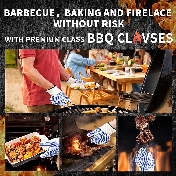 BBQ Gloves, Oven Gloves Extreme Heat & Cut Resistant Oven Mitts with Fingers for BBQ, Cooking, Grilling, Baking Grilling Gloves Silicone Non-Slip Oven Mitts, Kitchen Gloves (Blue)