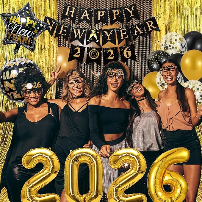 New Years Eve Party Supplies 2026, Black Gold New Years Foil Balloon Decorations Banner Hats Glasses Noisemakers Blowouts Curtains Numbers 2026 Balloons Photo Props for NYE Party Decorations