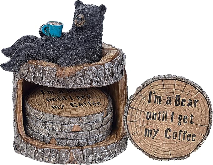 Pine Ridge Black Bear Coasters- Coaster Set for Kitchen, Den, Living Room Or Cabin for Drinks
