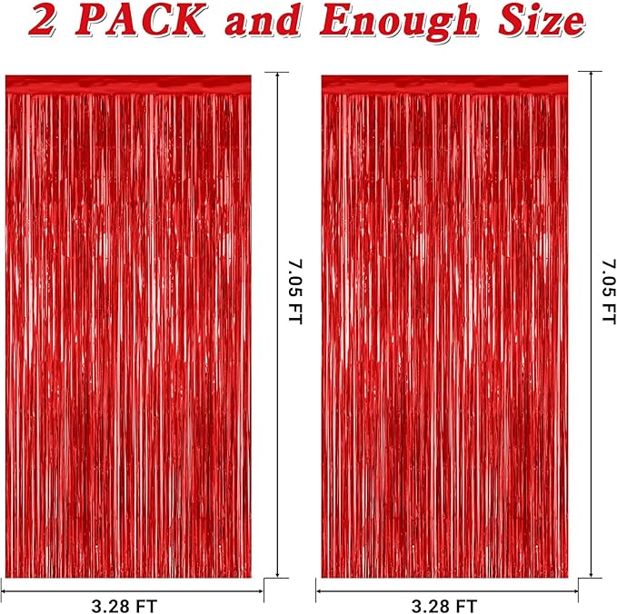 2 Pack Red Tinsel Backdrop, 3.28 FT x 7.05 FT Fringe Curtains, Red Foil Tinsel Party Streamer Backdrop Curtains for Valentines Day, Wedding Photo Backdrop Party Decorations for Wedding Anniversaries