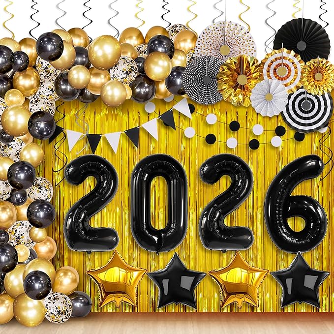 Katchon, New Years Eve Party Supplies 2026 - Huge, Pack of 115 | Happy New Year 2026 Balloons Arch Kit | Gold Fringe Backdrop Curtain, New Year Balloons | New Years Decorations 2026, Nye Decorations