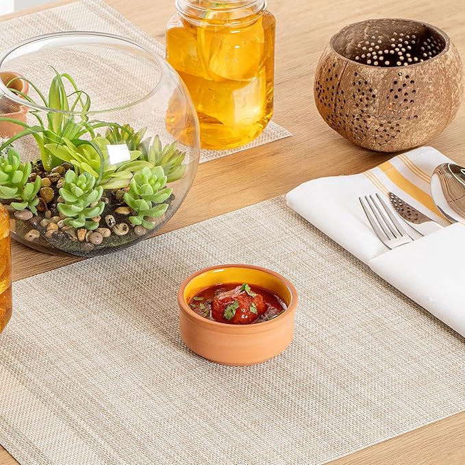 Restaurantware-Terra Tek 2.7 Ounce Terracotta Cazuelas, 2 Yellow Glazed Clay Pots For Cooking - Oven-Ready, Microwavable, Terracotta Serving Pots, Dishwashable, For Cooking And Serving