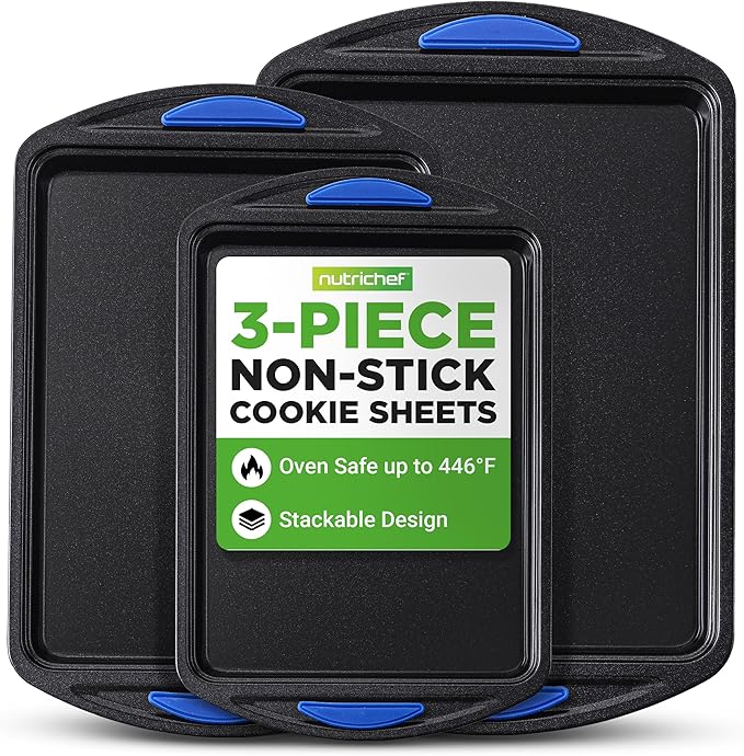 NutriChef 3-Piece Nonstick Cookie Sheets for Baking – Carbon Steel Stackable Bakeware Set w/ Silicone Handles - Non Toxic Baking Pan - Durable & Wrap Resistance, Oven Safe - Easy cleanup