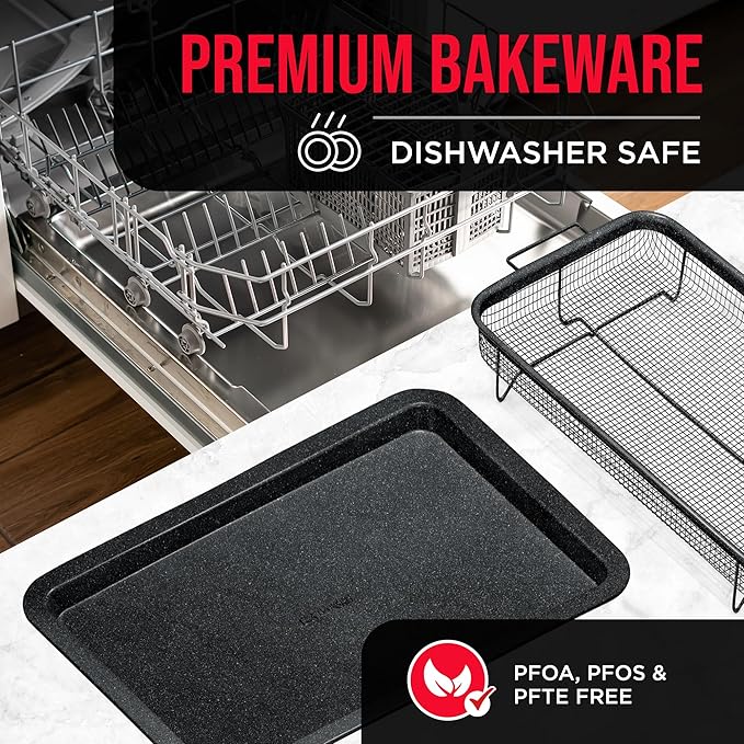 Bakken- Swiss Crisper Tray Gray Marble Coating - 2-Piece Set – Large, Non-Stick Basket Design for Healthier Cooking in Regular Ovens - Achieve Perfectly Crispy Chips, Bacon, and More