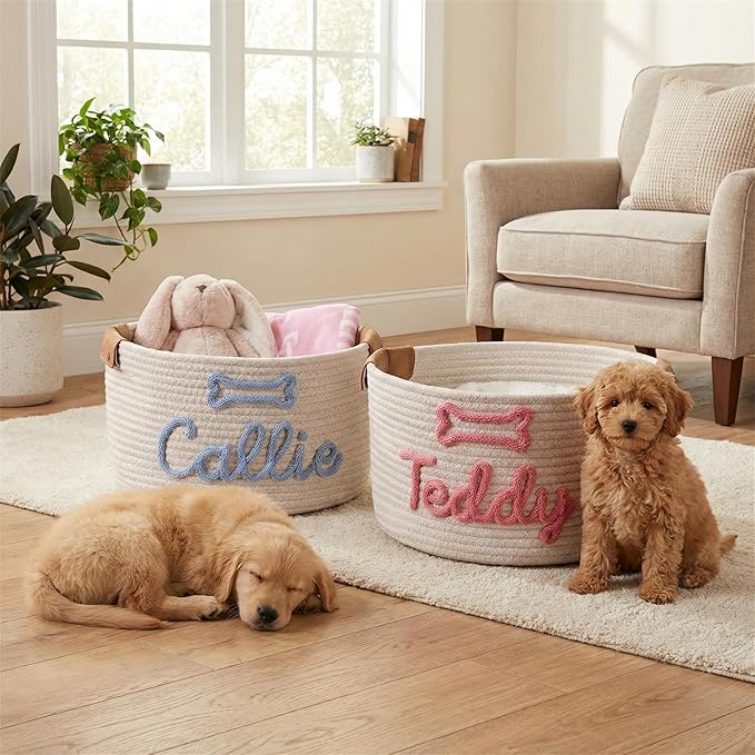 Custom Dog Toy Basket, Personalized Cotton Rope Basket With Pet Name, Puppy Toys Storage Gifts Pet Dog Decor Organizer (Dog Toy Basket)