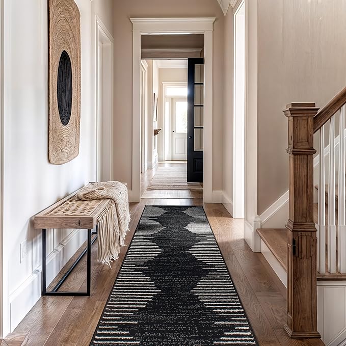 Rugshop Bohemian Stripe Stain Resistant High Traffic Living Room Kitchen Bedroom Dining Home Office Runner Rug 2' x 10' Black