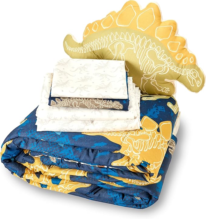 Northwest Classics Twin Sized Dino Discovery Glow-in-The-Dark 6-Piece Bed in a Bag Set, All Seasons Bedding for Girls and Boys, Comforter, Flat Sheet, Fitted Sheet, Pillowcase, Pillow, Sham
