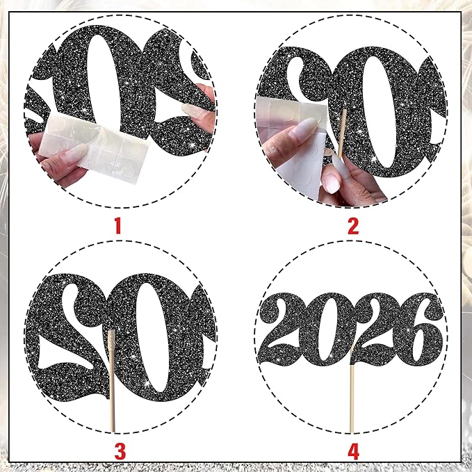 12pcs Black Glitter 2026 Number Centerpiece Sticks Congrats Party Decorations for Table Class of 2026 Graduation Centerpieces for Hello 2026 Christmas New Year Eve Party Supplies