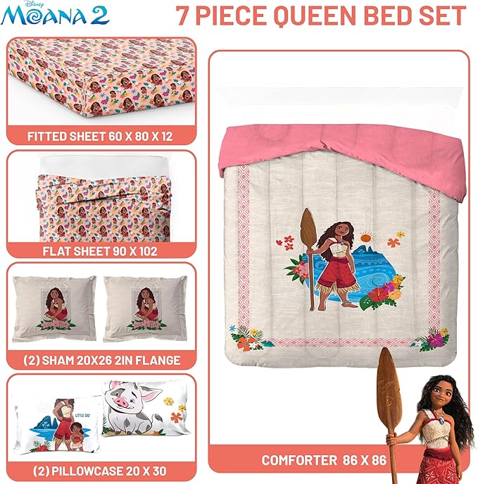 Jay Franco Disney Moana Queen Comforter Set - 7 Piece Bedding Includes Sheet Set & Pillow Covers - Super Soft Floral Kids Bedding