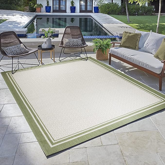 Gertmenian Indoor/Outdoor Flatweave Area Rug - 9x13 Extra Large, Stain & UV Resistant, Ideal for Deck, Patio, Poolside, Mudroom - Border Green Teal Tan, 22908