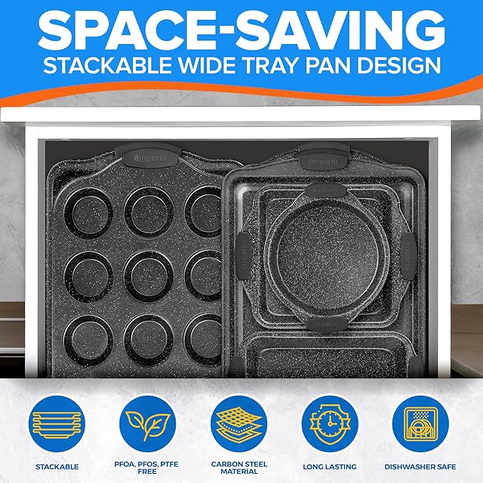 Emporio Kitchen Baking Pan Set - Nonstick Coating, Carbon Steel Bakeware Set with Gray Silicone Handles, PFOA, PFOS, PTFE Free, Recipe Booklet Included, Oven Safe Tray (Up To 450° F), Set of 25 - Gray