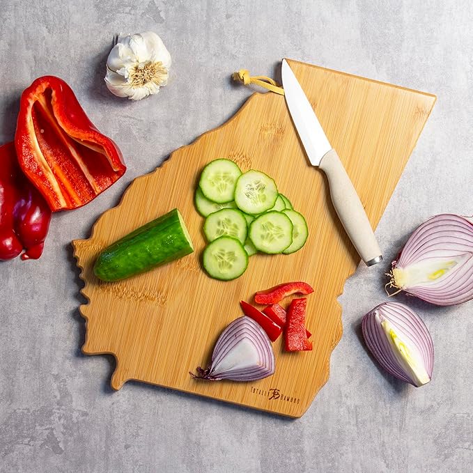 Totally Bamboo Georgia State Shaped Cutting Board and Charcuterie Serving Platter with Artwork by Fish Kiss, Includes Hang Tie for Wall Display