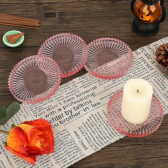 JUXYES 8 Pack Clear Pink Crystal Coasters Round Cup Mat, Glass Coasters for Drinks Coffee Tea Wine, Decorative Wine Bottle Coaster, Crystal Drink Coasters for Restaurant bar Kitchen Dining Table