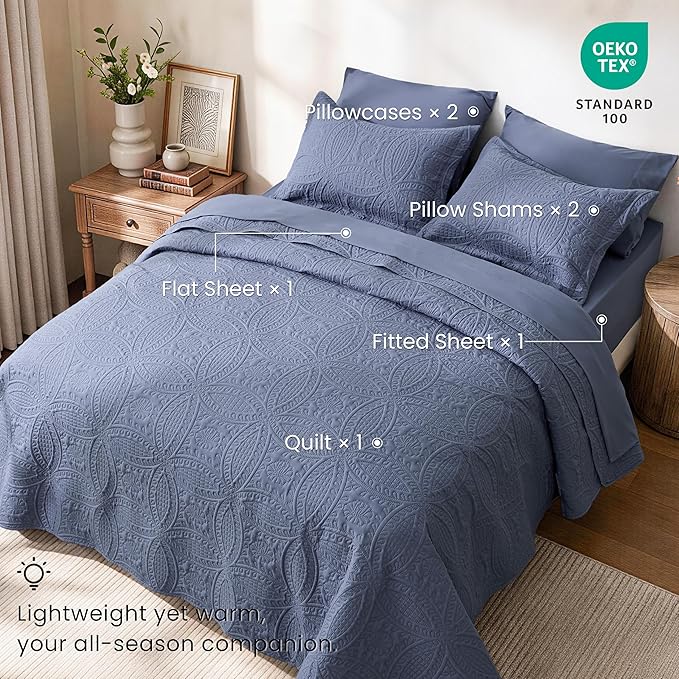 Love's cabin Queen Quilt Set Bluish Grey, Bed in a Bag Queen Bedding 7 Pcs, Ultrasonic Embossed Coin Pattern Comforter, Lightweight Bedspreads for All Seasons Quilt with Sheets, Pillowcases & Shams