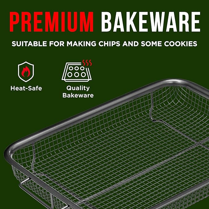 Bakken Swiss Air Fryer Tray – 2-in-1 Nonstick Crisper Basket with Elevated Mesh for Oven Use – Dishwasher Safe, Ceramic Coating, PTFE/PFOA/PFOS-Free, Extra-Large 9.5" x 13", Gray