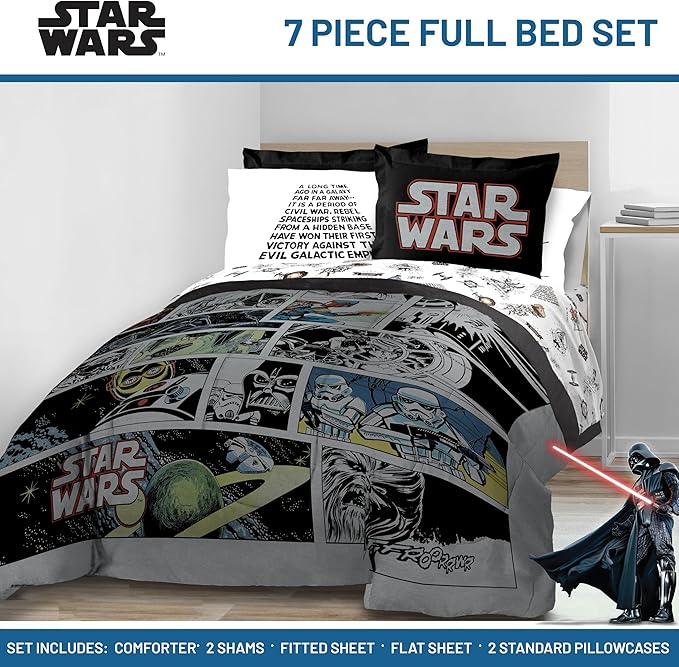 Jay Franco Star Wars Comic Book Full Size Comforter Set - 7 Piece Bedding Includes Sheet Set & Pillow Covers - Super Soft Cozy Kids Bedding