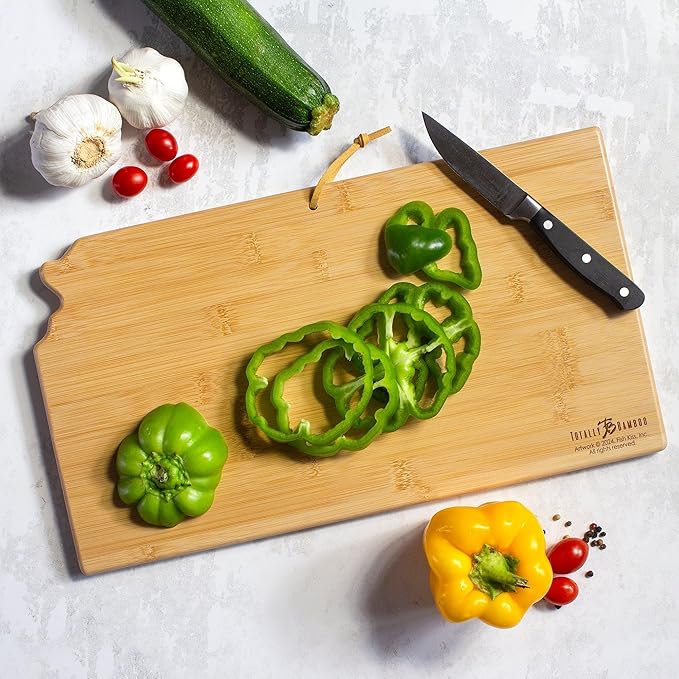 Totally Bamboo Kansas State Shaped Cutting Board and Charcuterie Serving Platter with Artwork by Fish Kiss, Includes Hang Tie for Wall Display