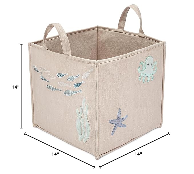 Crane Baby Fabric Nursery Storage Basket, Toy Storage, Sea Life Theme, 14"x14", Toy Basket, Baby Storage Organizer, Toy Organizers and Storage Bins, Baby Organizers and Storage, Toy Bins