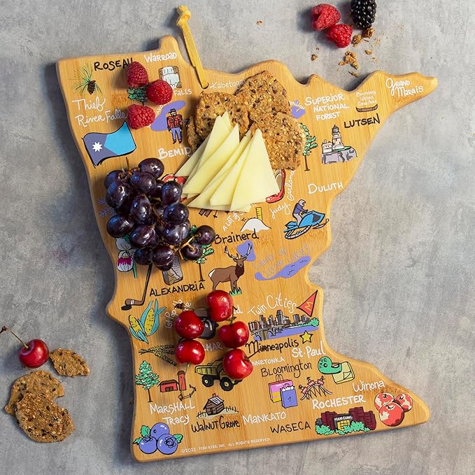Totally Bamboo Minnesota State Shaped Cutting Board and Charcuterie Serving Platter with Artwork by Fish Kiss, Includes Hang Tie for Wall Display
