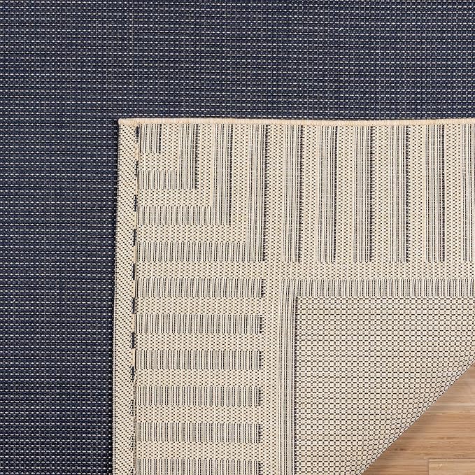 Gertmenian Indoor/Outdoor Flatweave Area Rug - 9x13 Extra Large, Stain & UV Resistant, Ideal for Deck, Patio, Poolside, Mudroom - Klano Striped Navy, Sand, 25418