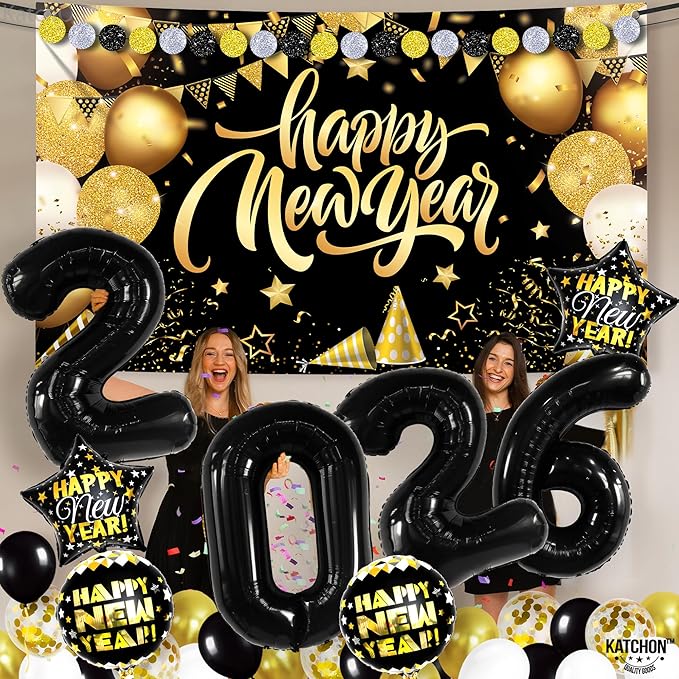 KatchOn, New Years Eve Party Supplies 2026 Set - Pack of 42 | Black and Gold New Year Banner | New Year Foil Balloons | New Years Eve Balloon Arch Kit | Nye Decorations 2026 | New Years Eve Party Kit