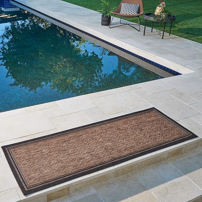 Gertmenian Indoor Outdoor Classic Flatweave Area Rug, Stain & UV Resistant Carpet, Deck, Patio, Poolside & Mudroom, 2x6 Ft Runner, Simple Border, Black Tan, 22013