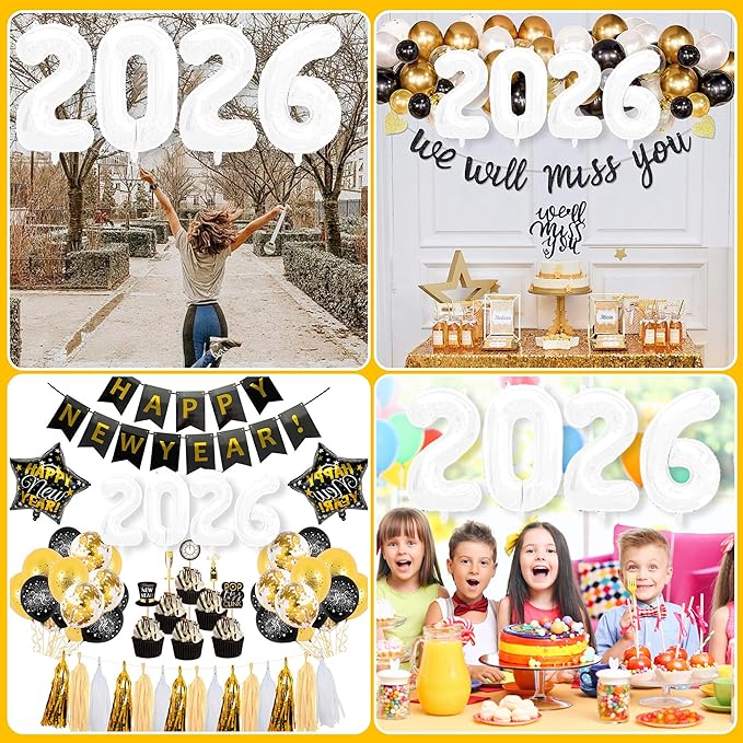 2026 Balloons New Years Eve Party Supplies - 40" Large White Foil Number Balloon New Years Decorations Graduation Balloons Class of 2026 Happy New Year Birthday Anniversary Graduation Decorations
