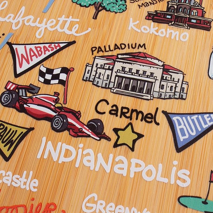 Totally Bamboo Indiana State Shaped Cutting Board and Charcuterie Serving Platter with Artwork by Fish Kiss, Includes Hang Tie for Wall Display