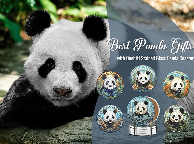 Panda Gifts for Girls Women Adults, Panda Coaster Home Decor for Birthday Christmas Thanksgiving, Set of 6, Ceramic, Absorbent with Cork Base