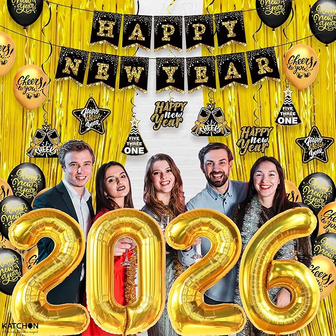 KatchOn, Huge New years Decorations 2026 Set - Pack of 35 | Gold Fringe, Black and Gold Happy New Year Banner, 2026 Balloon Numbers | New Year Foil Balloons, Swirls | New Years Eve Party Supplies 2026