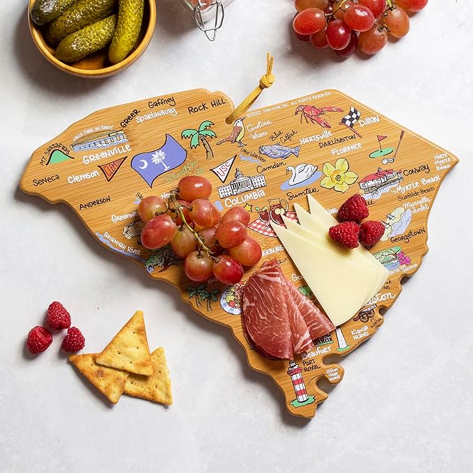 Totally Bamboo South Carolina State Shaped Cutting Board and Charcuterie Serving Platter with Artwork by Fish Kiss, Includes Hang Tie for Wall Display