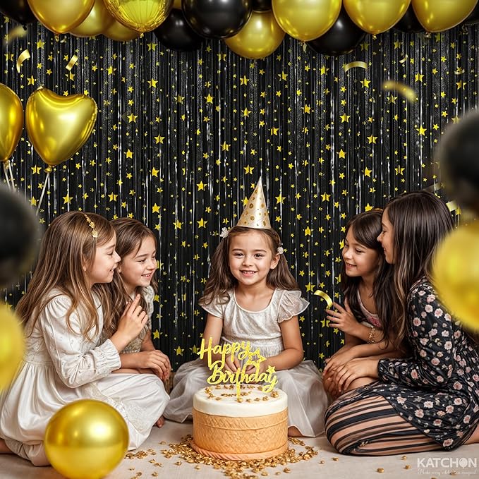 KatchOn, XtraLarge Black Streamers, Pack of 2 | Star Fringe Backdrop for Black Birthday Decorations | Tinsel Backdrop for New Years Decorations 2026 | NYE 2026, New Years Eve Party Supplies 2026