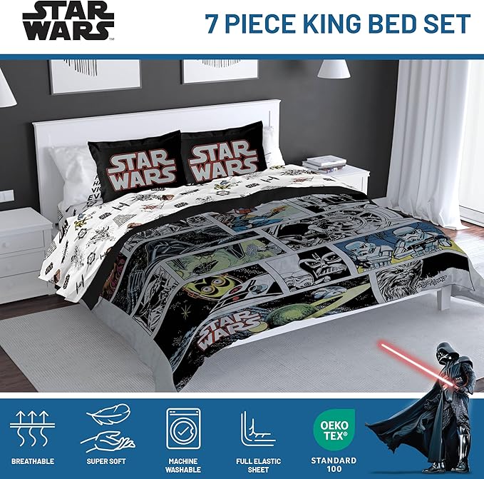 Star Wars Comic Book King Size Comforter Set - 7 Piece Bedding Includes Sheet Set & Pillow Covers - Super Soft Cozy Kids Bedding