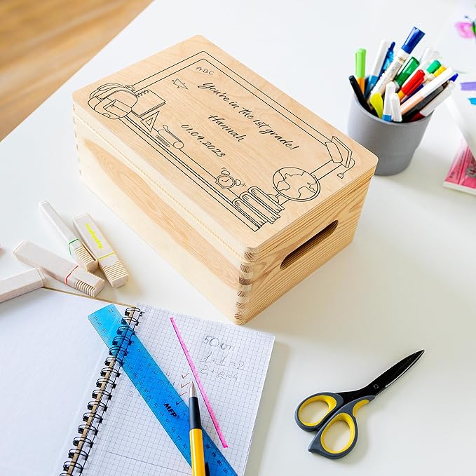 Creative Deco Personalized Wooden Storage Box School Box Minimal | 11.8 x 7.87 x 5.51 in (+-0.5) | Multiple Choice | Hinged Lid Handle Engraving | Unpainted Gift Box | UNSANDED Keepsake Souvenir Chest