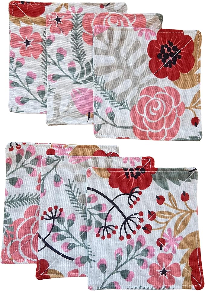 2 Layers Coasters Saucers Canvas Floral Botanical Fabric 4", 6 Pack - Sweet Exotic Flower