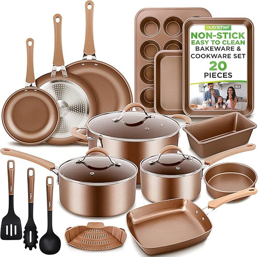 NutriChef 20-Piece Pots and Pans Set Non Stick – Induction Cookware Set, PFAS-Free Nonstick Cookware for All Cooktops, Includes Bakeware & Kitchen Utensils