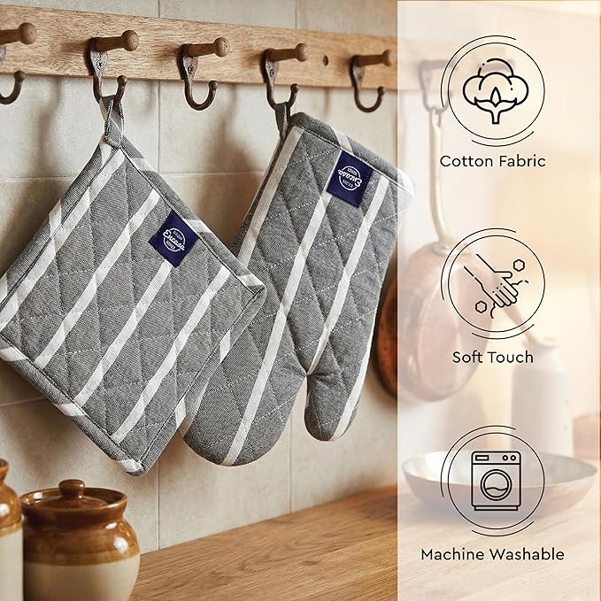 Encasa XO Heat Resistant 100% Cotton Oven Glove & Potholder Set with Loop, Kitchen Cooking Mittens, Microwave Safe Hot Pads (Roma Grey Stripes)