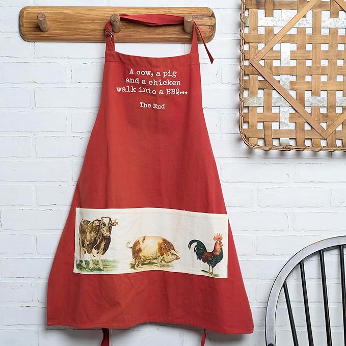 Primitives by Kathy Funny Cooking & Grilling Apron with Pockets, 100% Cotton, Vintage Farm Animal Design, Embroidered Sentiment, Adjustable Neck and Waist, Machine Washable, Red
